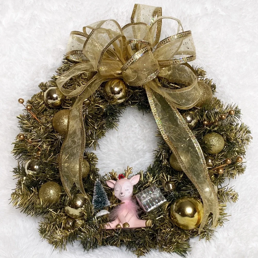 New Handmade Holiday Gold & Pink Retro Deer Hanging Door Wreath